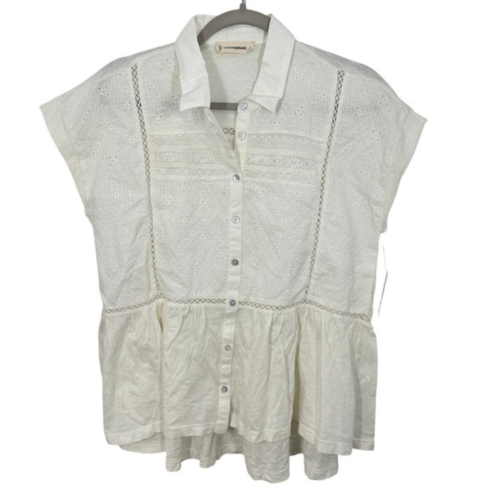 Lucky Brand White Eyelet Peplum Babydoll Button Up Shirt Top Boho Cotton NWT